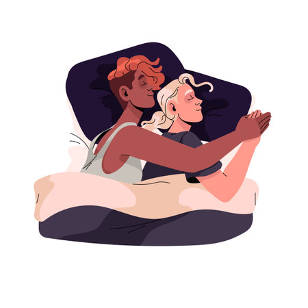 Homosexual couple sleep at night. Asleep LGBT people cuddle, relax in bed, relaxed partners lying and nap on pillow, cute relationship, top view. Flat isolated vector illustration on white backgroundのイラスト素材