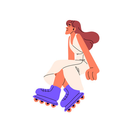 Active girl on roller skates. Young woman, happy smiling cool female skater in dress, enjoying holiday. Modern stylish sports character. Flat vector illustration isolated on white backgroundのイラスト素材