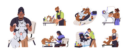 Dog and cat grooming salon set. People washing doggy, groomer dry puppys coat, bathing fluffy animal, person care about cute pets, cut claws. Flat isolated vector illustration on white backgroundのイラスト素材