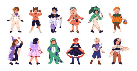 Kid in Halloween costumes set. Happy children dressed in lamb, fairy, wizard, pumpkin, animals on masquerade, childish carnival, cute boys, girls. Flat isolated vector illustration on white backgroundのイラスト素材