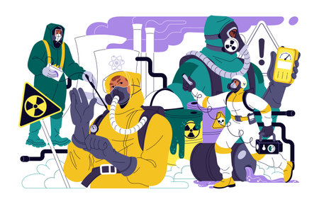 Radiation protection concept. People in respirator, mask, safety suit. Hazardous pollution, radioactive waste, npp reactor, caution nuclear sign. Flat isolated vector illustration on white backgroundのイラスト素材