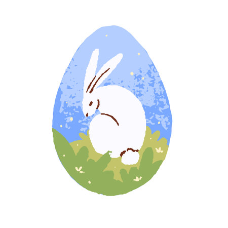 Spring bunny in nature, drawing on egg for Happy Easter. Cute rabbit on grass, catholic holiday animal, traditional symbol. Peaceful religious flat vector illustration isolated on white backgroundのイラスト素材