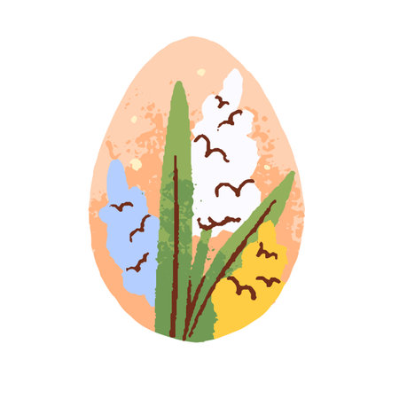 Spring flower on Easter egg. Blooming hyacinths bouquet, floral bunch. Delicate gorgeous blossomed plant for religious holiday decoration. Flat vector illustration isolated on white backgroundのイラスト素材
