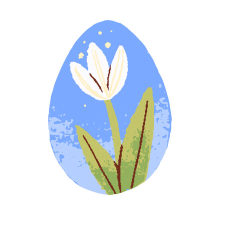 Spring delicate flower, egg-shaped drawing for Easter holiday. Blooming blossomed floral plant with gentle petals and leaf. Religious flat graphic vector illustration isolated on white backgroundのイラスト素材