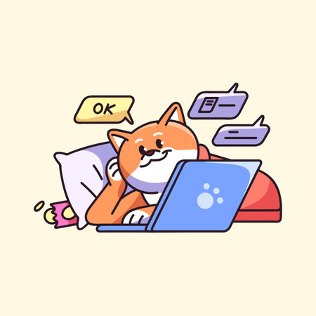 Cute dog in freelance concept. Fluffy puppy lying in bed with laptop, chat on messenger, reads work mail at home. Funny kawaii shiba inu freelancer, remote worker. Flat isolated vector illustrationのイラスト素材