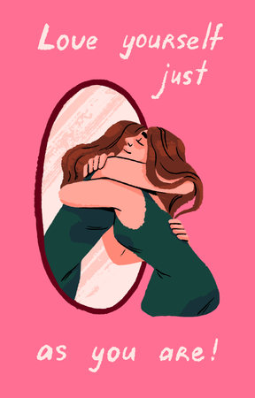 Love yourself concept. Woman hugs twin from mirror, reflection. Happy person self support and acceptance. Girl hugs herself. Female motivation poster, card with quote. Flat vector illustrationのイラスト素材