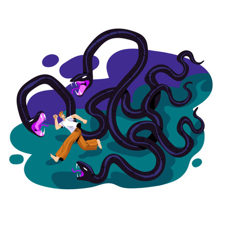 Man run away from snakes in dream concept. People sleep, person afraid unreal reptile, fantastic...
