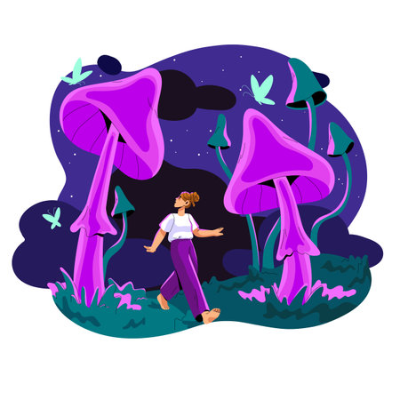 Woman walk between huge mushrooms concept. Girl sleep, person see fantastic toadstool and fairy in imagination. Night landscape, dreamscape, surreal travel. Flat isolated vector illustration on whiteのイラスト素材