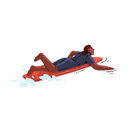 People surfing in ocean. Professional surfer doing extreme water sport. Woman lying on surfboard, ride on surf board. Beach activities in summer. Flat isolated vector illustration on white backgroundのイラスト素材