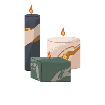 Aroma candles with different shapes. Aromatic interior decoration, stylish decor, modern aesthetic design objects for home. Organic handmade wax. Flat isolated vector illustration on white backgroundのイラスト素材