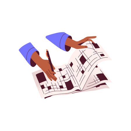 Person hold pen and turn page of paper newspaper. Woman solves crossword. People write in magazine with brainteasers. Intellectual hobby flat isolated vector illustration on white backgroundのイラスト素材