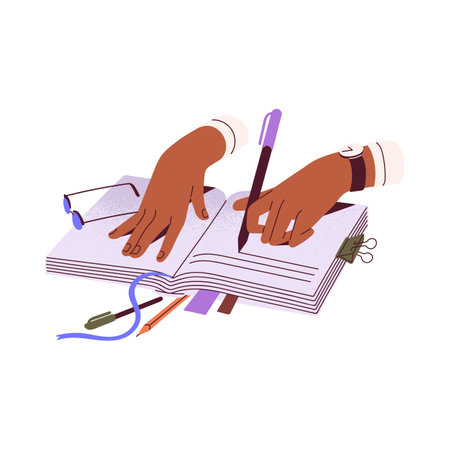 Female hands hold pen, writes thoughts in diary. People planning in notepad, woman take note in paper planner, compose plan in notebook. Flat isolated vector illustration on white backgroundのイラスト素材
