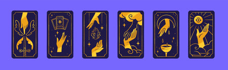 Esoteric card back with gold hands set. Dark tarot with mystic eyes, cups, pentacles, swords, different arcana. Astrology magic wallpaper. Occult art posters. Flat isolated vector illustrationのイラスト素材