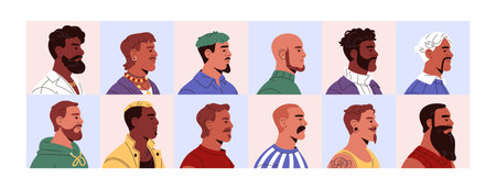 Various male avatars set. Bearded man with different facial haircut styles: ducktail, sideburns, soul patch, chin strap. People with beard and moustache side view. Flat isolated vector illustrationのイラスト素材