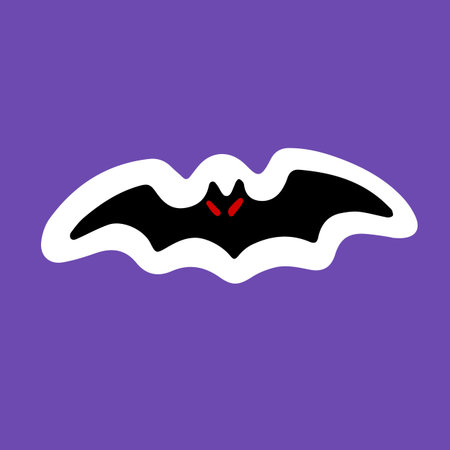 Creepy Halloween shadow with red eyes sticker. Spooky fly bat silhouette, scared night animal, fall...