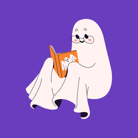 Cute, friendly ghost reading book. Spooky phantom flying. Happy spirit with glasses sitting with novel, rest in leisure, hobby. Funny spook study. Halloween soul flat isolated vector illustrationのイラスト素材