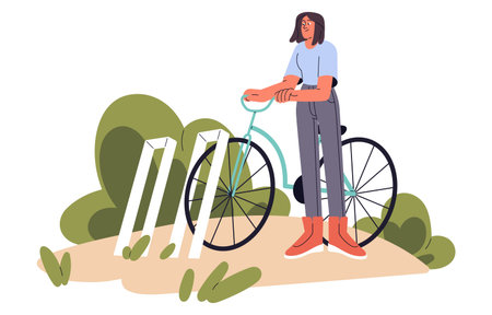 Young woman parking bicycle. Girl leave bike on station. Person ride on eco vehicle, stop in park. Active lifestyle, healthy hobby. Cycling flat isolated vector illustration on white backgroundのイラスト素材