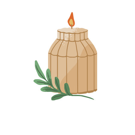 Carved aroma candle for interior decoration. Aromatic design element for home. Stylish round wax with flame, fire. Candlelight for decor. Flat isolated vector illustration on white backgroundのイラスト素材
