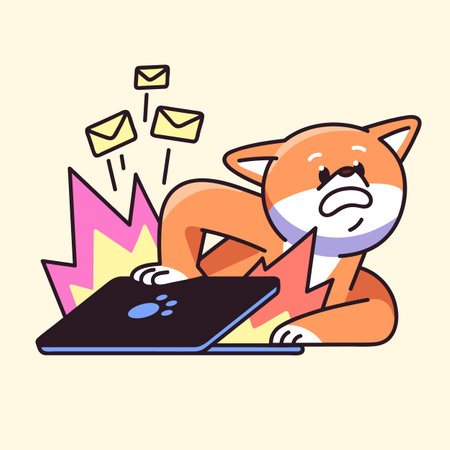 Scared dog overwork and gets notifications. Cute Shiba work on laptop, upset freelancer answering mails, freelance remote worker. Chat about deadlines in messenger. Flat isolated vector illustrationのイラスト素材