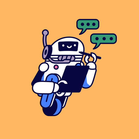 Happy robot writing, take notes. Conversation with AI, artificial intelligence in chat bot. Chatbot assistant, helper answer questions in messenger. Modern technology flat isolated vector illustrationのイラスト素材