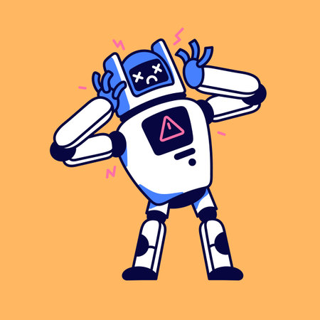 Sad broken robot with warning symbol. Program bug, technical mistake, critical failure, online...
