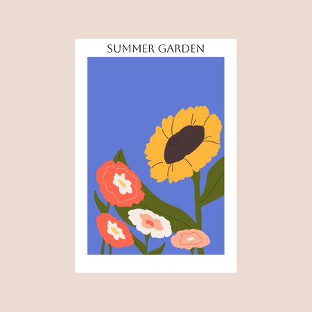 Floral card, sunflower. Summer garden flowers on poster. Abstract plants on vertical postcard, wall arts with botanical print. Background with blossom, flora in frame. Nature flat vector illustrationのイラスト素材