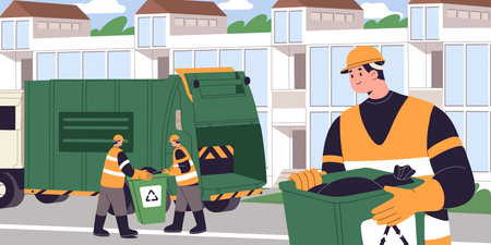 Garbage truck on urban street panoramic view. Workers collect rubbish bags from bin, container to car. Waste collector clean city. Municipal service recycle trash. Sanitation. Flat vector illustrationのイラスト素材