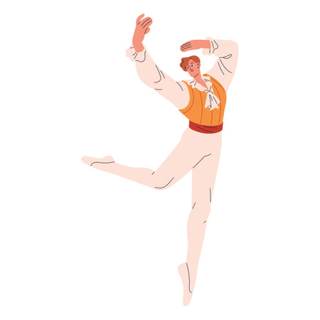 Professional ballet dancer perform in theater. Elegant performer in show costume standing in pose. Man in pointed shoe dancing classic dance. Flat isolated vector illustration on white backgroundのイラスト素材