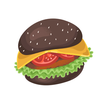 Black burger with cheese. American hamburger of bun, meat, tomato, salad. Tasty cheeseburger with cutlet. Unhealthy nutrition, fast food. Flat isolated vector illustration on white backgroundのイラスト素材
