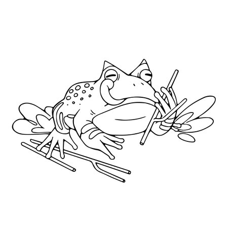 Ceratophrys froggy sitting with branches. Horned frog, wild spotty toad show tongue. Exotic animal, amphibian, fauna of swamp. Tropical nature. Lineart isolated vector illustration on white backgroundのイラスト素材
