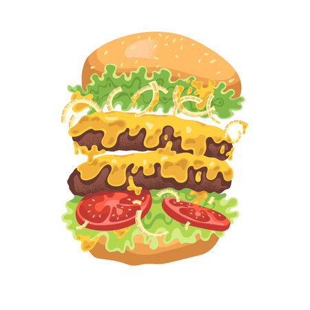 Big american double hamburger fly. Delicious burger with bun, meat, onion, cheese, salad, tomato. Unhealthy nutrition, fast food, tasty eating. Flat isolated vector illustration on white background.のイラスト素材