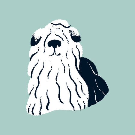 Cute fluffy puppy. Canine breed with funny muzzle. Old English sheepdog, lovely shepherd dog, bobtail doggy. Herding purebred pup. Stylized domestic animal, pet. Flat isolated vector illustration.のイラスト素材