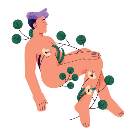 Flowers wrap around nude woman. Naked girl with plants love herself, self care. Sensual female with natural beauty. Body acceptance concept. Flat isolated vector illustration on white backgroundのイラスト素材
