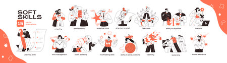 Contour soft skills set. Employees corporate abilities, workers competencies- communication, teamwork, time management, multitasking. Lineart HR business. Flat isolated vector illustration on whiteのイラスト素材