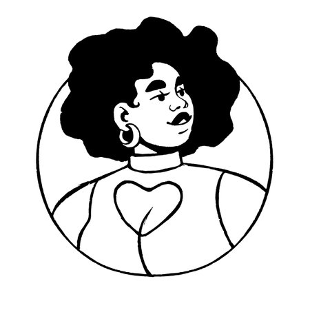 Happy african american woman avatar in circle. Smiling girl with heart neckline, afro hairstyle head portrait in round. Sexy chubby female character face. Outline isolated vector illustration on whiteのイラスト素材