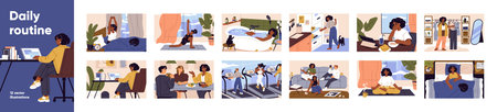 Daily routine set. Busy girl everyday life: work at home, meeting with people. Young woman sleeps with cat, do yoga, training, bathing. Efficiency day, schedule lifestyle. Flat vector illustrationsのイラスト素材