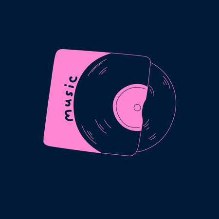 Vinyl record in bright cover. Retro music technology, equipment. Vintage musical album. Old disco, dance. Oldfashioned melody, nostalgia of 80s, 90s style. Monochrome flat isolated vector illustrationのイラスト素材