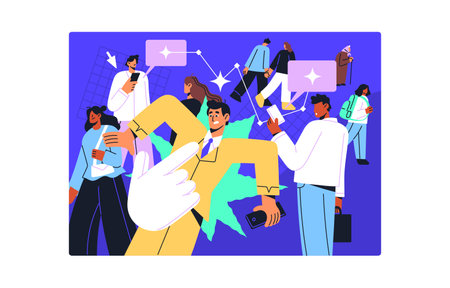 Smm, social media, network concept. Cursor choose person in crowd to follow. Targeting advertising. Online communication. People chat in internet by smartphone, send messages. Flat vector illustrationのイラスト素材