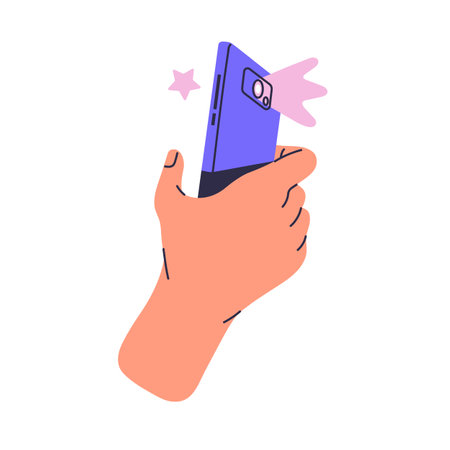User hold phone in hand, take photo, photography for social media post. Smartphone with camera create snapshot. Telephone record video with flash. Flat isolated vector illustration on white backgroundのイラスト素材