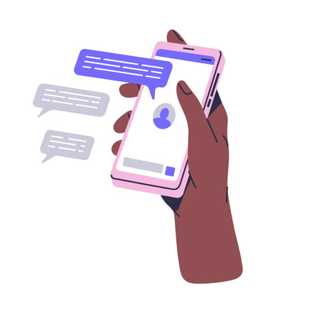 People hold smartphone in hand. Users using messenger app for communication. Online chat, internet conversation, texting by phone. Modern technology. Flat isolated vector illustration on whiteのイラスト素材