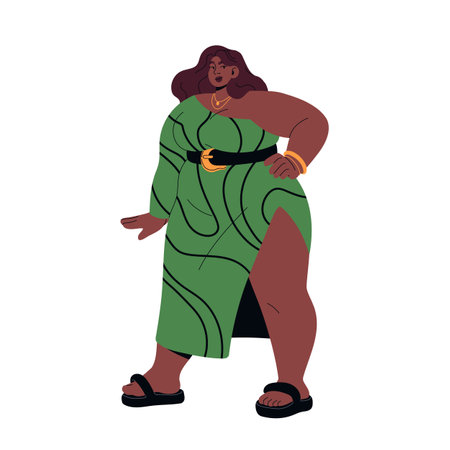 Curvy plus size woman with overweight in stylish slit dress. Sexy chubby girl, seductive fat female in fashion apparel. Self acceptance, body positivity. Flat isolated vector illustration on whiteのイラスト素材