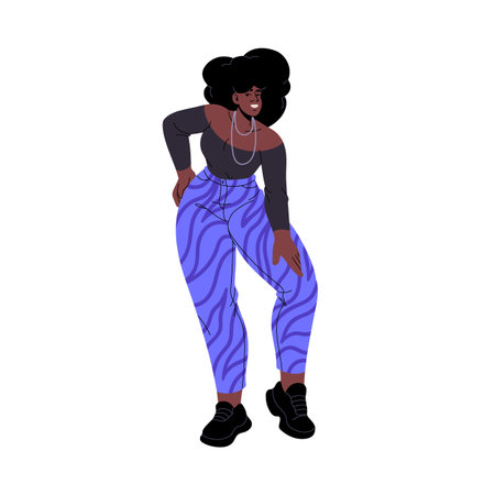 People with sporty figure in disco outfit standing. African american girl posing: hand on her hip. Happy slim woman smiles. Active lifestyle. Flat isolated vector illustration on white backgroundのイラスト素材