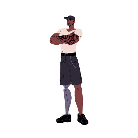Strong man with athletic, sporty tattoo figure. Disabled guy with robotic, bionic leg prosthesis standing, cross muscular arms. Inclusive body. Flat isolated vector illustration on white backgroundのイラスト素材