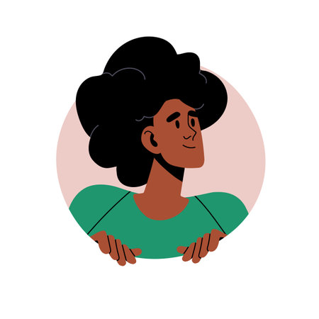 Happy people face in round geometric avatar. Woman look outside, smile. Lovely girl head with positive emotions in circle. Female user profile. Flat isolated vector illustration on white backgroundのイラスト素材