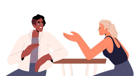 Young women sitting on table, communicate. Friends meeting, spend time together, speak. People talk at leisure. Live communication, friendship. Flat isolated vector illustration on white backgroundのイラスト素材