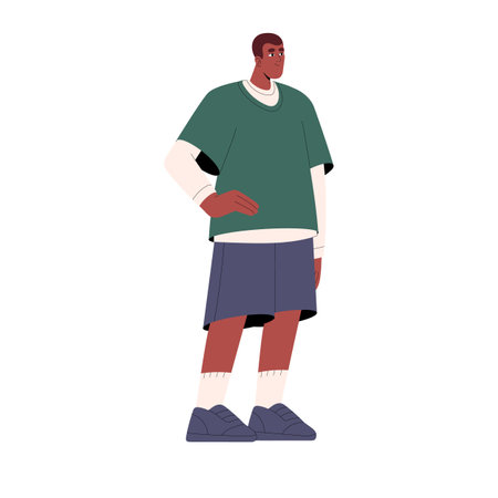 African american people standing. Young black man in casual outfit posing: hand on his hip. Happy guy in oversize look. Modern urban fashion. Flat isolated vector illustration on white backgroundのイラスト素材