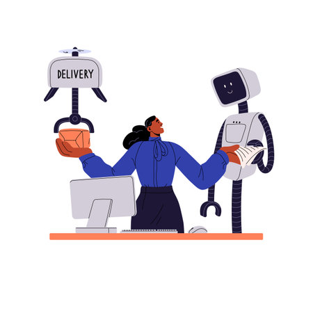 Business processes concept. Online delivery service. Employee sends package, goods by ai robot, courier bot. Partnership with modern technology. Flat isolated vector illustration on white backgroundのイラスト素材