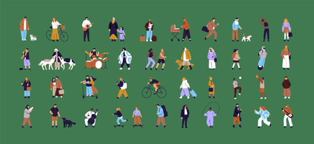 Tiny people set. Characters walking dog in city. Kids skateboarding, friends cycling, play ball on...