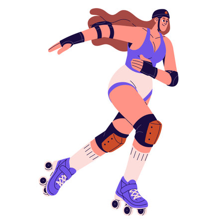 Professional skater in roller skates rushing. Happy girl in safety uniform, helmet rollerblading. Young woman ride on rink. Active summer leisure. Flat isolated vector illustration on white backgroundのイラスト素材