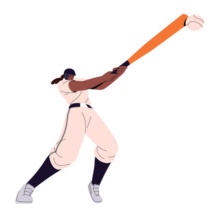Professional sportswoman plays american baseball. Sport player of field game. Hitter in helmet swings, batter hits ball with bat. Softball match. Flat isolated vector illustration on white backgroundのイラスト素材